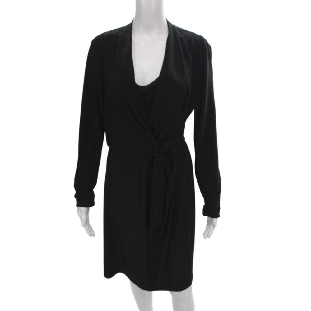 Tahari Womens Wrap Dress Black V-Neck Long Sleeve Knee Length Size M